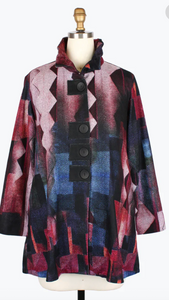 Damee Zig Zag Long Button Patch Coat Wine/Multi