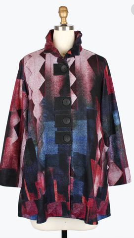 Damee Zig Zag Long Button Patch Coat Wine/Multi