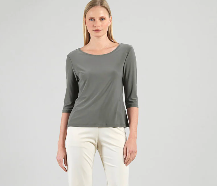 Clara S Olive Scoop Neck 3/4 Sleeve Top