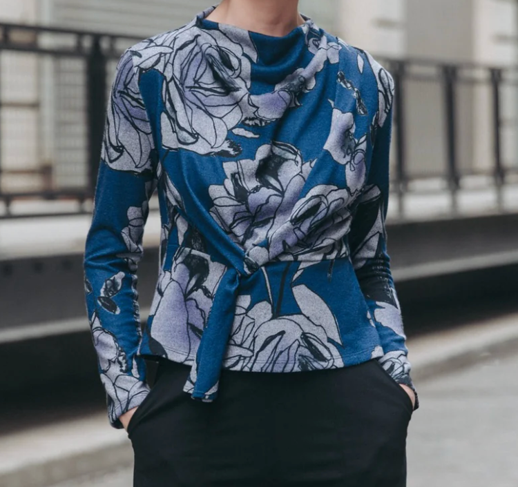 Clara S Rose Sketch Drape Neck Sweater