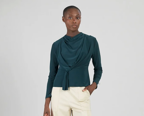 Clara S Hunter Green Drape Neck Top W/ Front Loop Tie