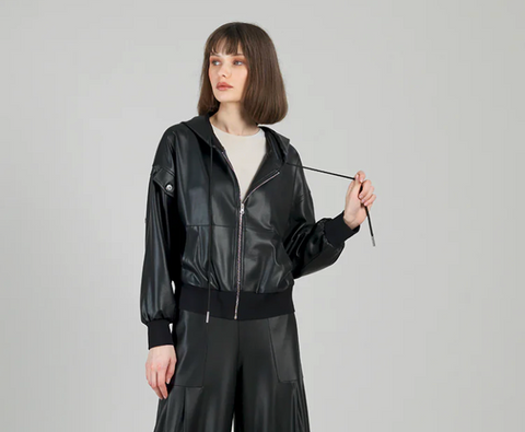 Clara S Black Liquid Leather Zip Hood Jacket