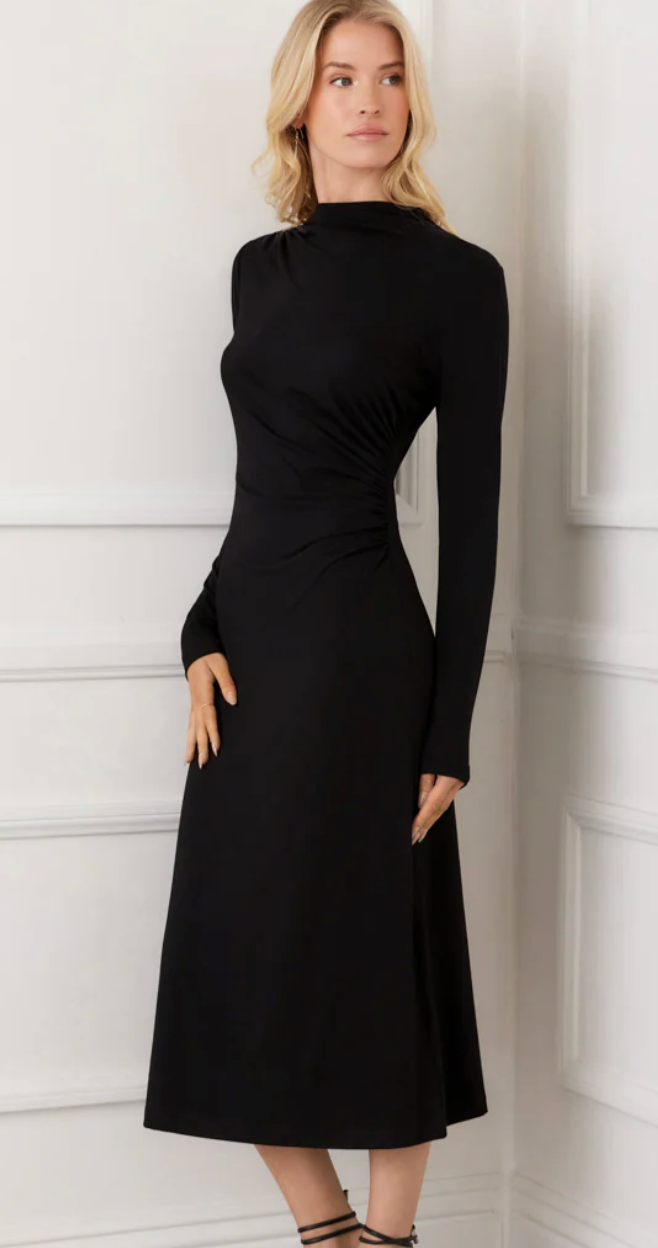 Karen Kane Elise Side Shirred Black Dress