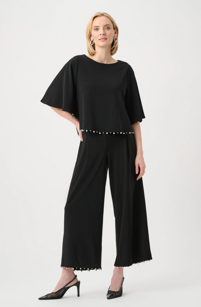Joseph Ribkoff Silky Knit Pearl-Trim Culotte Pants-Black