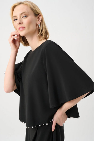Joseph Ribkoff Silky Knit Pearl-Trim Flared Top-Black
