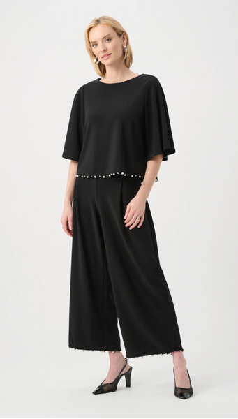 Joseph Ribkoff Silky Knit Pearl-Trim Flared Top-Black