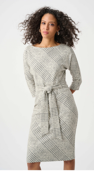 Joseph Ribkoff Plaid Jacquard Belted Sheath Dress-Off White/Grey
