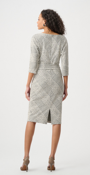 Joseph Ribkoff Plaid Jacquard Belted Sheath Dress-Off White/Grey