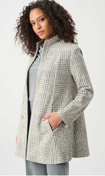Joseph Ribkoff Jacquard Plaid Knit A-Line Coat-Off White/Grey