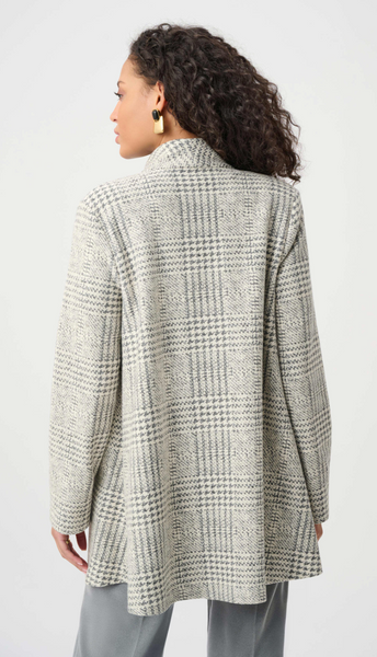 Joseph Ribkoff Jacquard Plaid Knit A-Line Coat-Off White/Grey