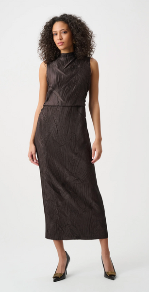Joseph Ribkoff Pleated Satin Sleeveless Midi Dress-Mocha