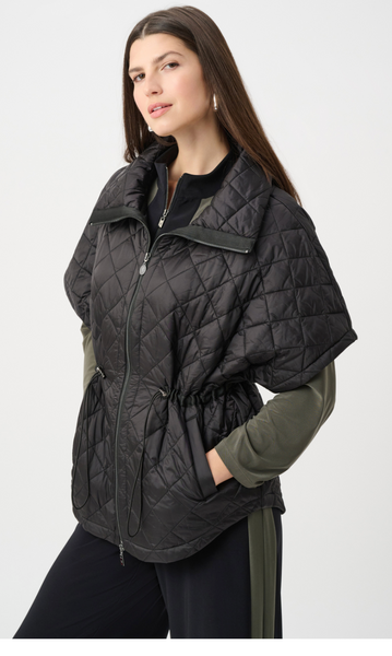 Joseph Ribkoff Quilted Nylon Shawl-Neck Boxy Vest-Black