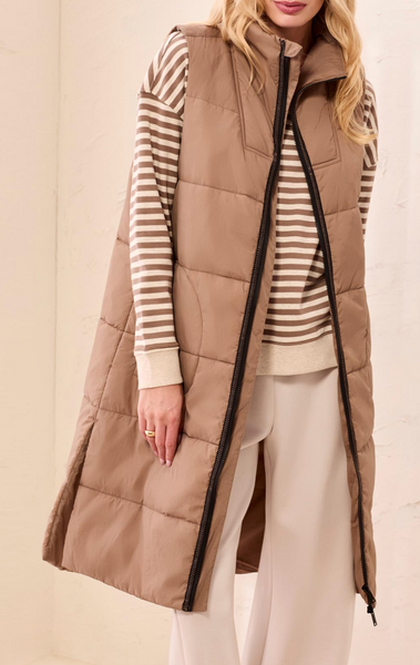 Tribal Long Zip-Front Quilted Vest-Fossil
