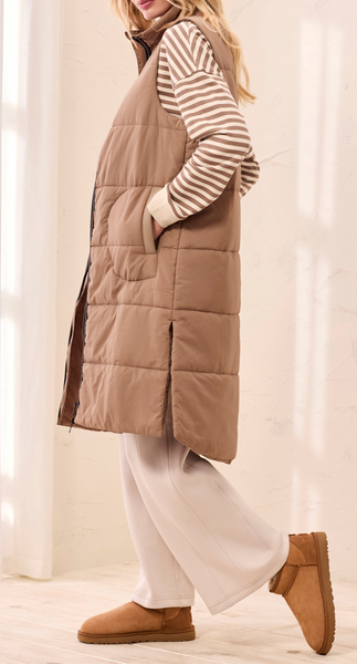 Tribal Long Zip-Front Quilted Vest-Fossil