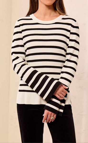 Tribal Long Sleeve Stripe Crew Neck Sweater-Black/White