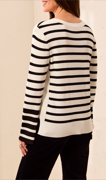 Tribal Long Sleeve Stripe Crew Neck Sweater-Black/White