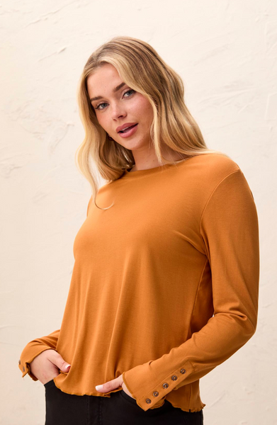 Tribal Long Sleeve Crew Neck Top w/Button Detail-Bronze