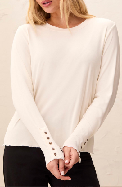 Tribal Long Sleeve Crew Neck Top w/Button Detail-Moonstone