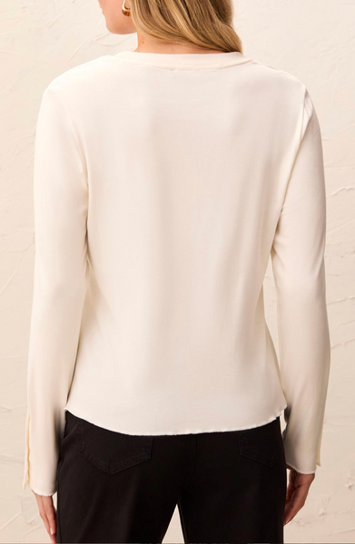 Tribal Long Sleeve Crew Neck Top w/Button Detail-Moonstone