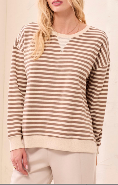 Tribal Long Sleeve Stripe Crew Neck Top-Fossil