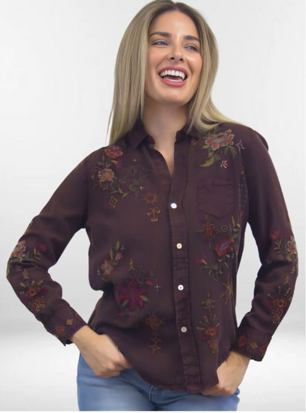 Caite Amara  Embroidered Tencel Button-Up Blouse-Oxblood