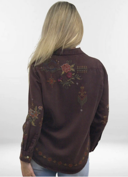 Caite Amara  Embroidered Tencel Button-Up Blouse-Oxblood