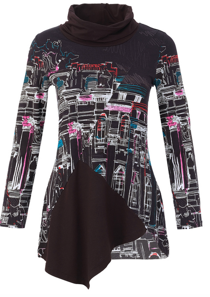 Dolcezza Long Sleeve Knit Pullover Top-Black w/City Print