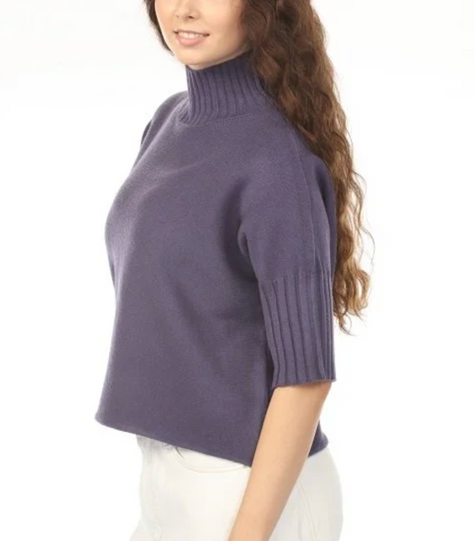 Rain + Rose Aria Pleated Sleeve Mock Neck Sweater-Crown Blue