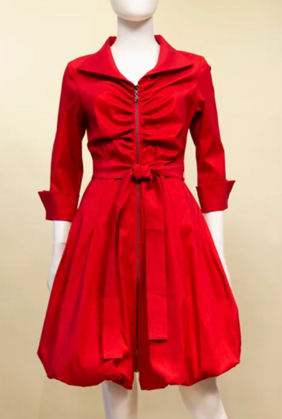 Samuel Dong Duppioni Bubble Dress 3/4 Sleeve- Red