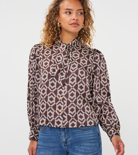 Esqualo Print Blouse w/Short Bow-Warm Cacao