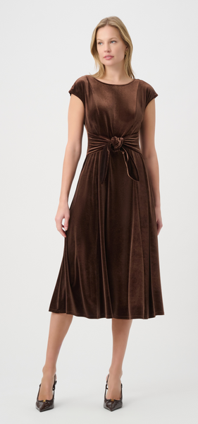 Joseph Ribkoff Velvet Fit & Flare Belted Dress-Mahogany