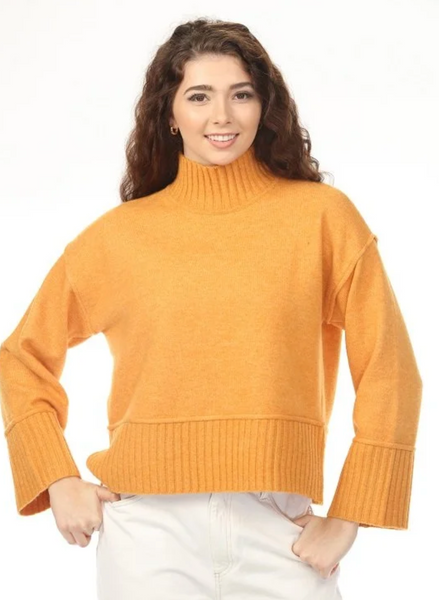Rain + Rose Sienna Rib Trim Mock Neck Sweater-Mustard