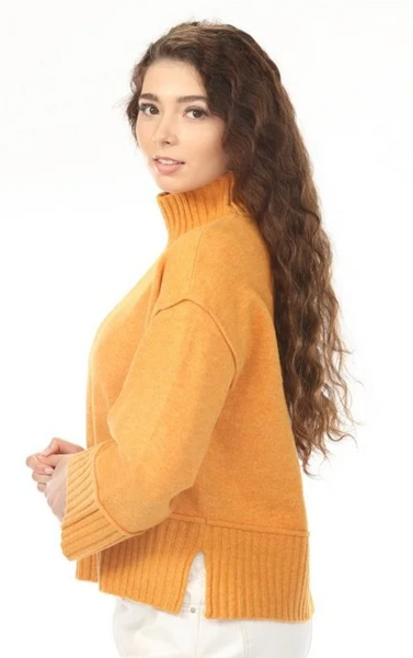 Rain + Rose Sienna Rib Trim Mock Neck Sweater-Mustard