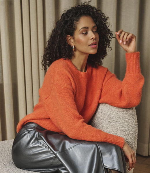 Esqualo Round Neck Long Sleeve Sweater-Fire