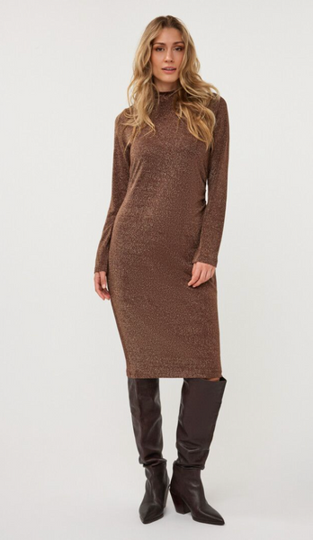Esqualo Turtleneck Stretch Lurex Print Dress w/Side Gather-Coffee