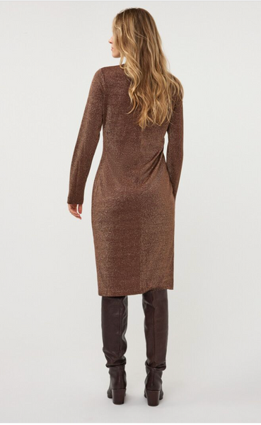 Esqualo Turtleneck Stretch Lurex Print Dress w/Side Gather-Coffee