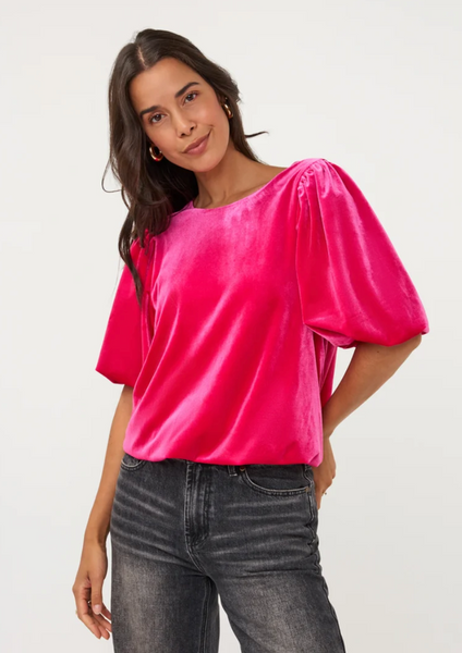 Esqualo Cropped Ballon Sleeve Velvet Blouse-Berry