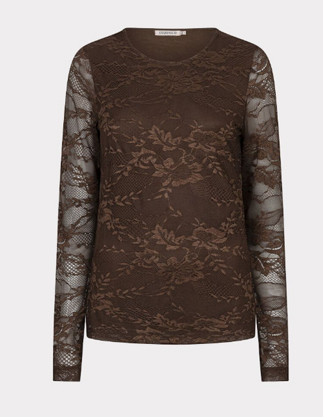 Esqualo Long Sleeve Lace Top with Floral Design-Coffee