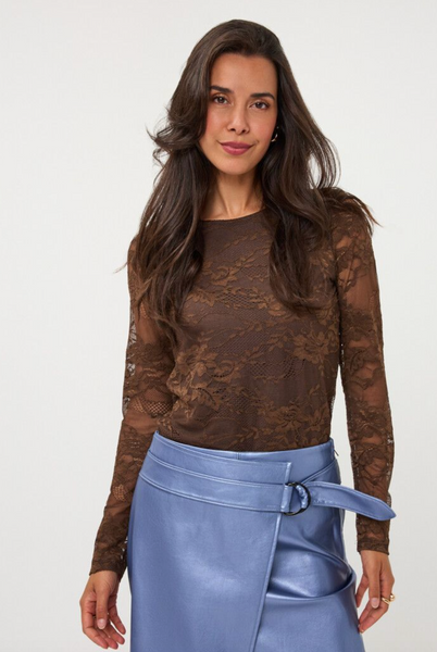Esqualo Long Sleeve Lace Top with Floral Design-Coffee