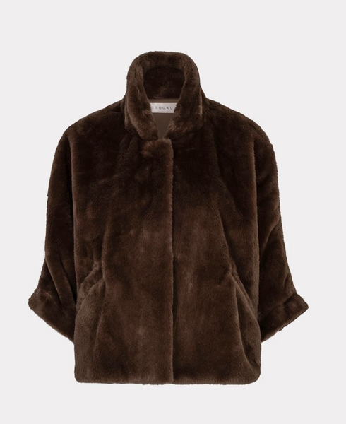 Esqualo Faux Fur Coat Poncho w/Half-Length Sleeve-Coffee