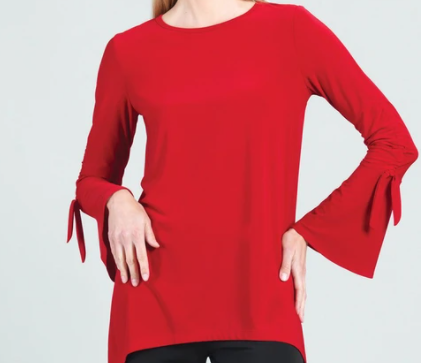 Clara S Solid Pull Tie Bell Sleeve Tunic Red