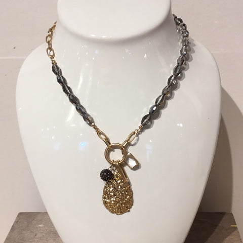Bi Jou Grey Crystal Necklace W/ Oval Gold Drop Charm